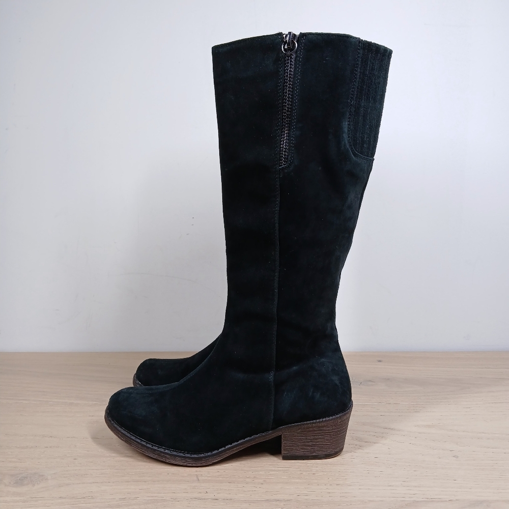 Propet Black Leather Side Zip Stretch Panel Block Heel Knee High Boots 126